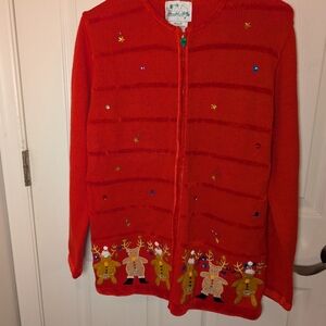 Quacker Factory Sweater Medium Red Knit Cardigan Beaded Reindeer Christmas